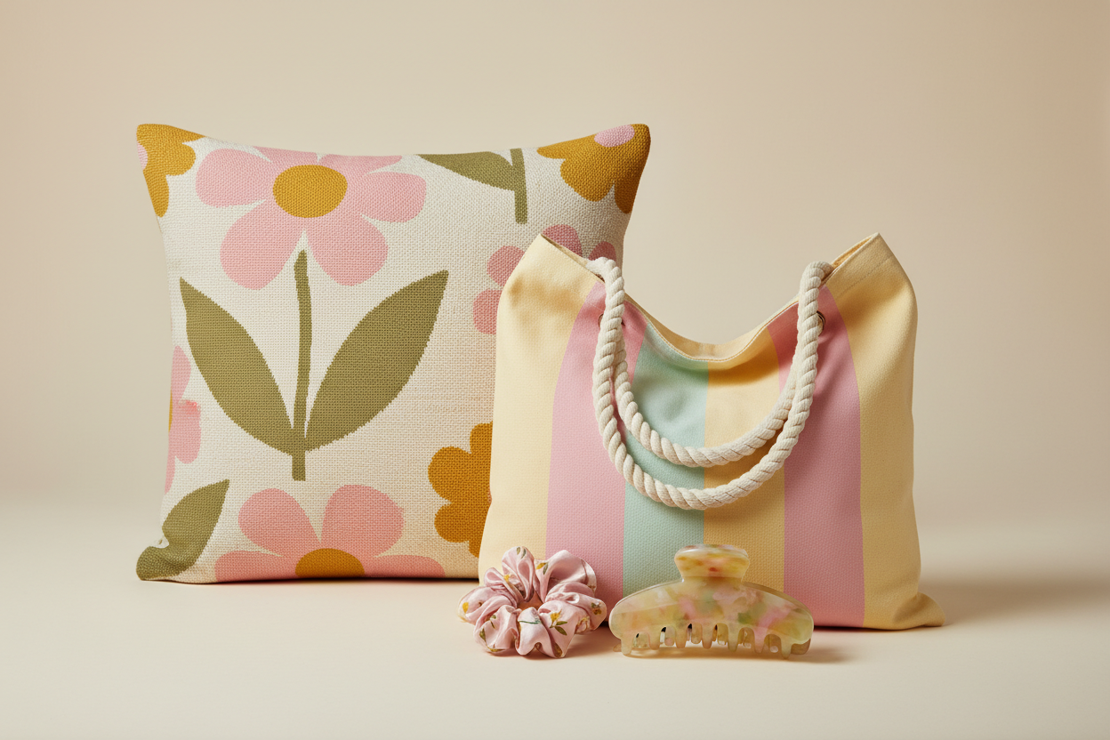 Scrunchie, hair claw, pillow and tote bag in pink, yellow and green